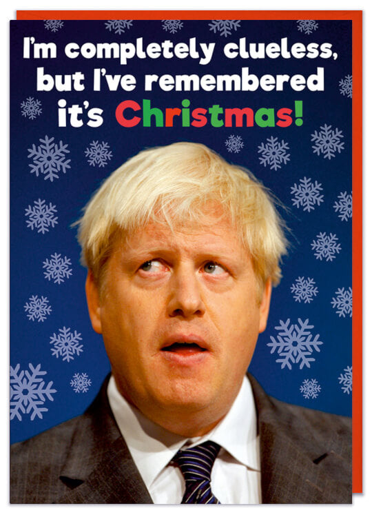 A Christmas card with a photo of Boris Johnson surrounded by snowflakes