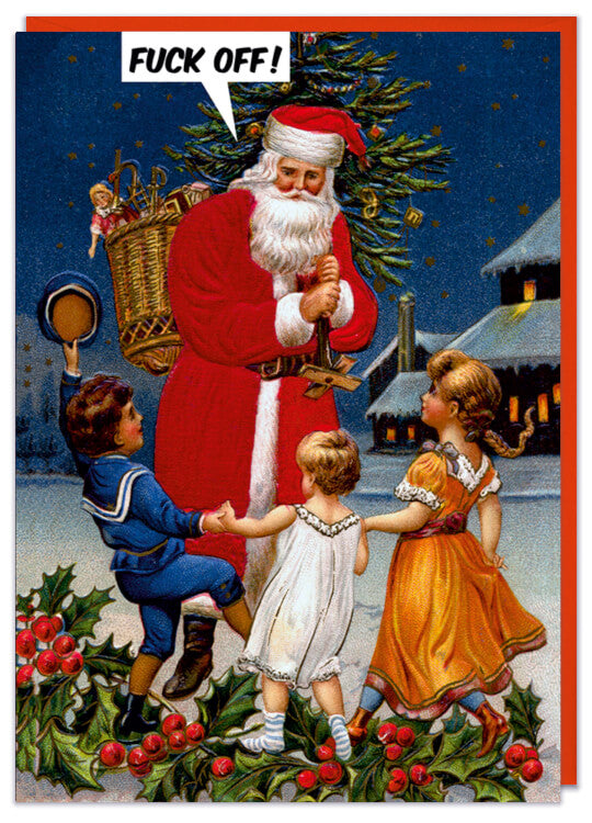 A Christmas card with a vintage illustration of Father Christmas being surrounded by dancing young children