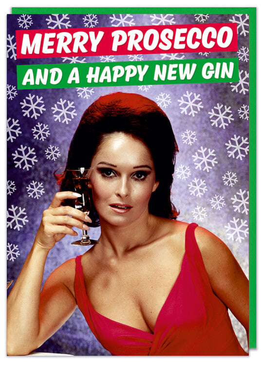 A Christmas card with a 1970s picture of a glamorous woman holding a glass of wine