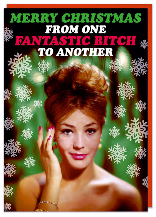 A Christmas card with a 1960s picture of a glamorous woman in front of a green background with snowflakes