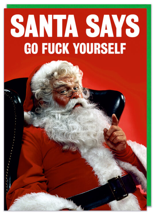 A Christmas card with a retro picture of Father Christmas sitting down in his chair looking to camera