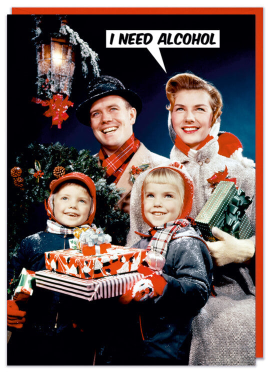 A Christmas card with a retro picture of a family out carol singing