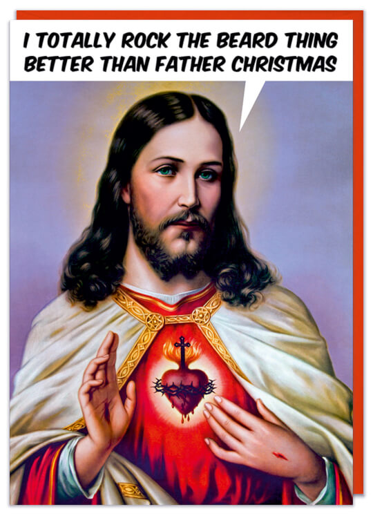 A Christmas card with a vintage illustration of sacred heart Jesus