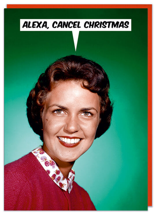 A Christmas card with a 1960s picture of a smiling woman in a red blouse against a green background