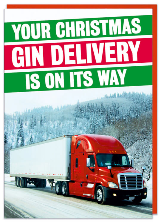 A Christmas Card with a picture of a big truck driving up a frosty road