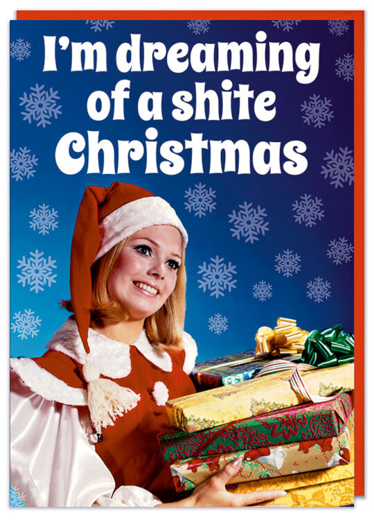 A funny Christmas Card with a 1960s picture of a woman dressed as an elf