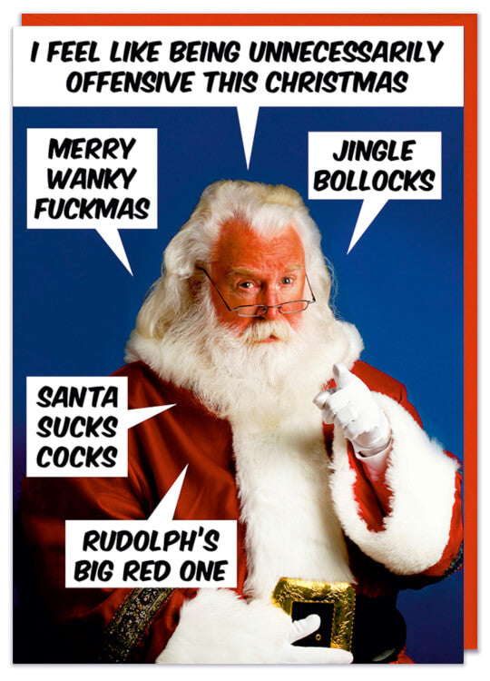 A Christmas Card with a picture of Father Christmas pointing to camera