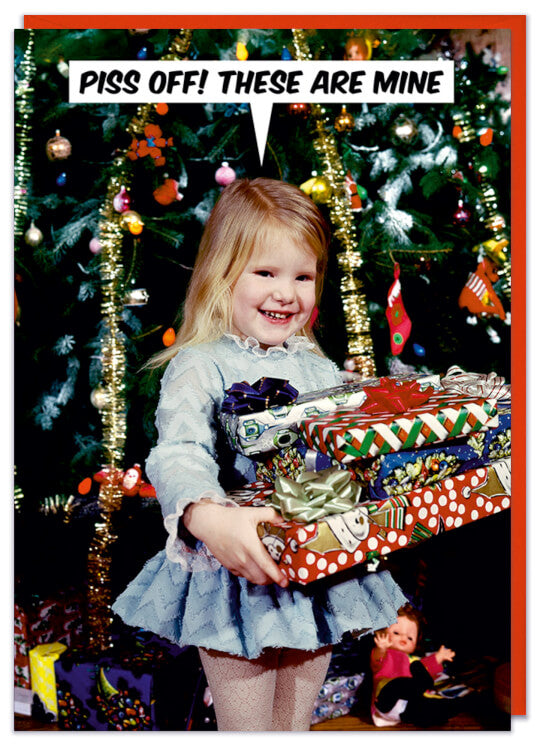 A Christmas Card with a 1960s picture of a small girl holding presents