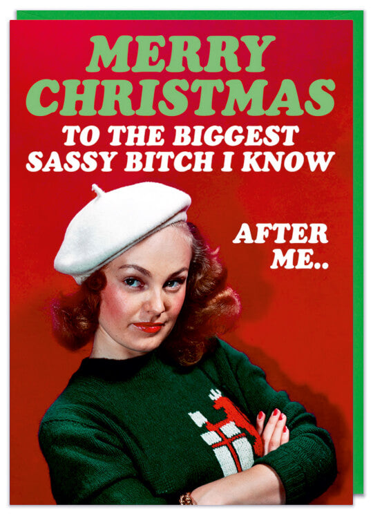 A Christmas Card with a retro picture of a sultry woman