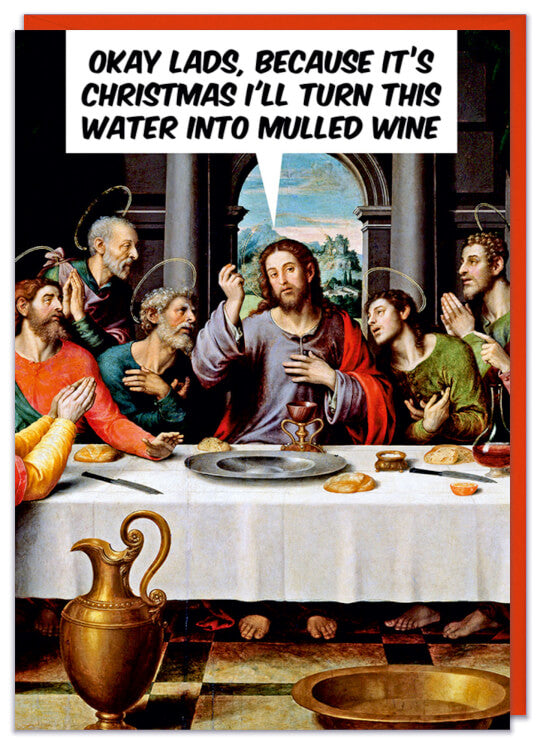 A Christmas card featuring a historical painting of Jesus and his disciples at the last supper