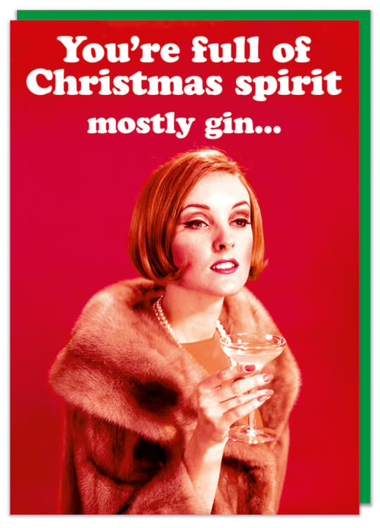 A Christmas card with a 1960s picture of a glamourous woman in a fur coat against a red background holding a cocktail glass