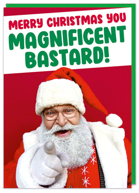 A Christmas card with a picture of a smiling Santa Claus pointing to camera