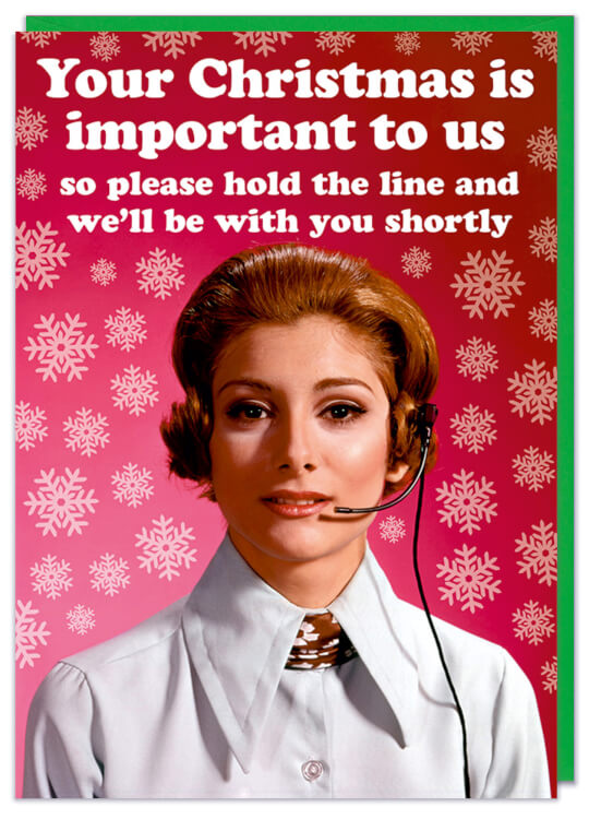 A Christmas card with a 1960s picture of a woman with a telephone headset surrounded by snowflakes