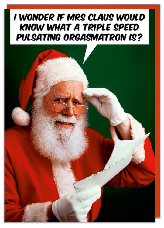 A Christmas card with a retro picture of a confused looking Father Christmas holding a list