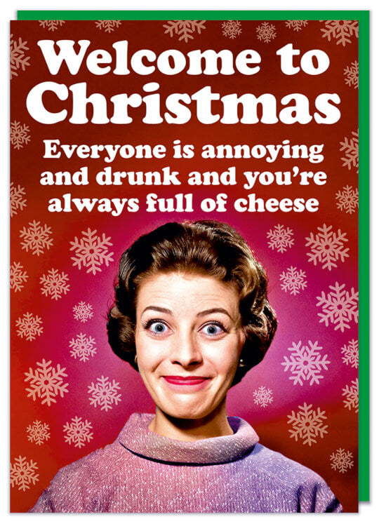 A Christmas card with a vintage picture of a smiling middle aged woman against a red background surrounded by snowflakes