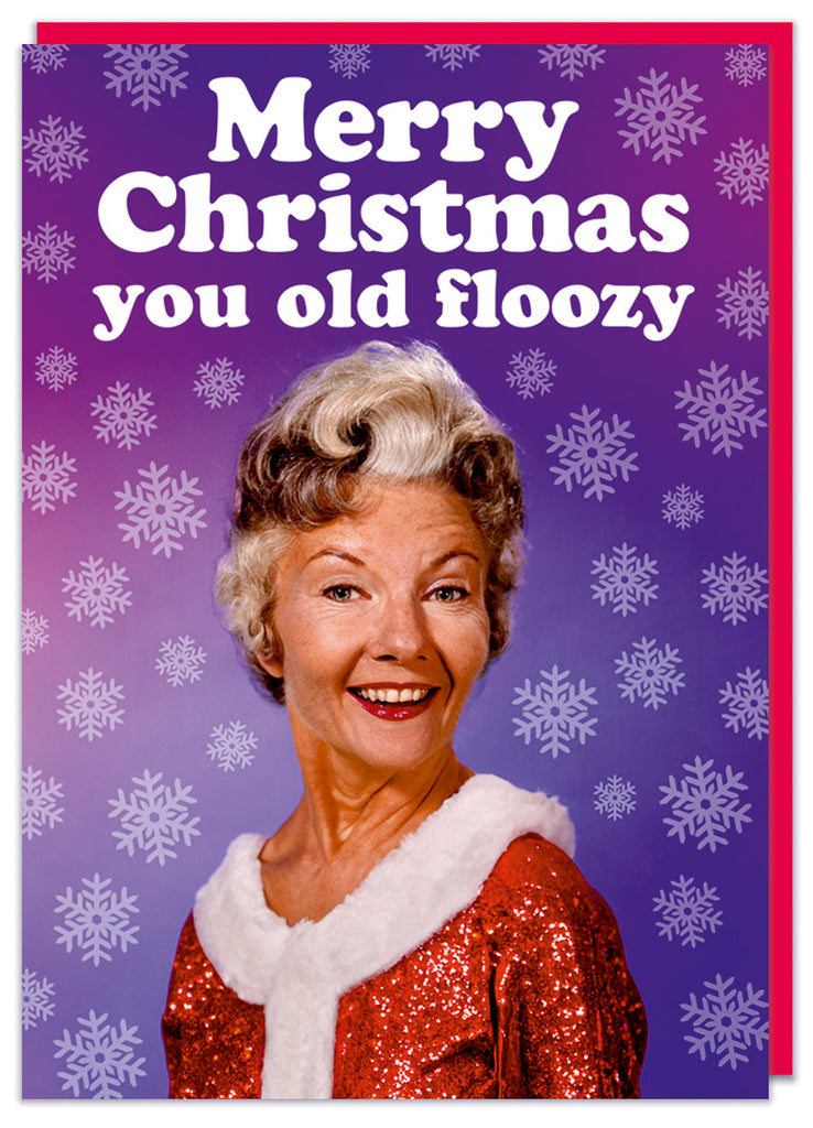 A funny birthday card featuring a 1960s picture of a glamorous sarcastic older woman in a red sequined Christmas outfit