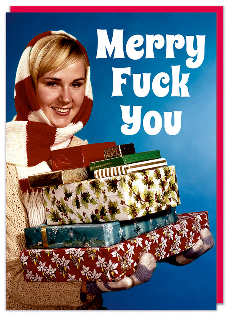 A funny birthday card featuring a 1960s of a young smiling woman with a scarf arms full of wrapped Christmas presents