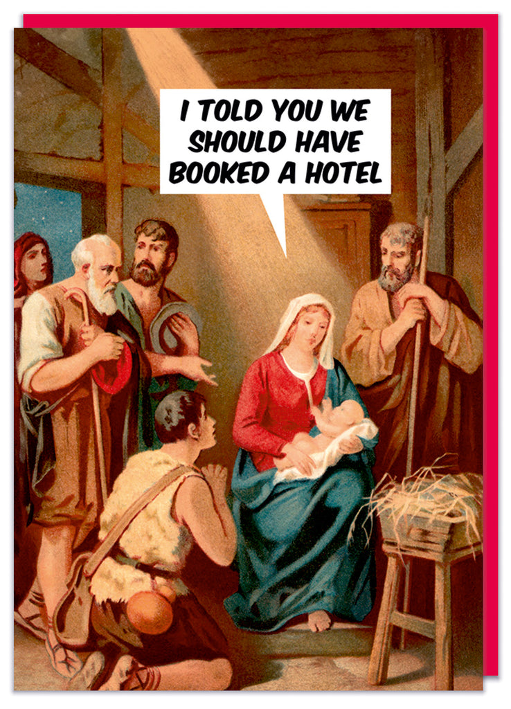 A funny Christmas card featuring a painting of Jesus, Mary and Joseph in the stable surrounded by shepherds
