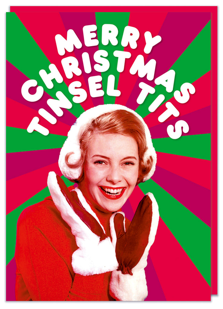 A funny Christmas card featuring a 1960s picture of a smiling young woman with a white hat and furry gloves underneath text that reads Merry Christmas tinsel tits