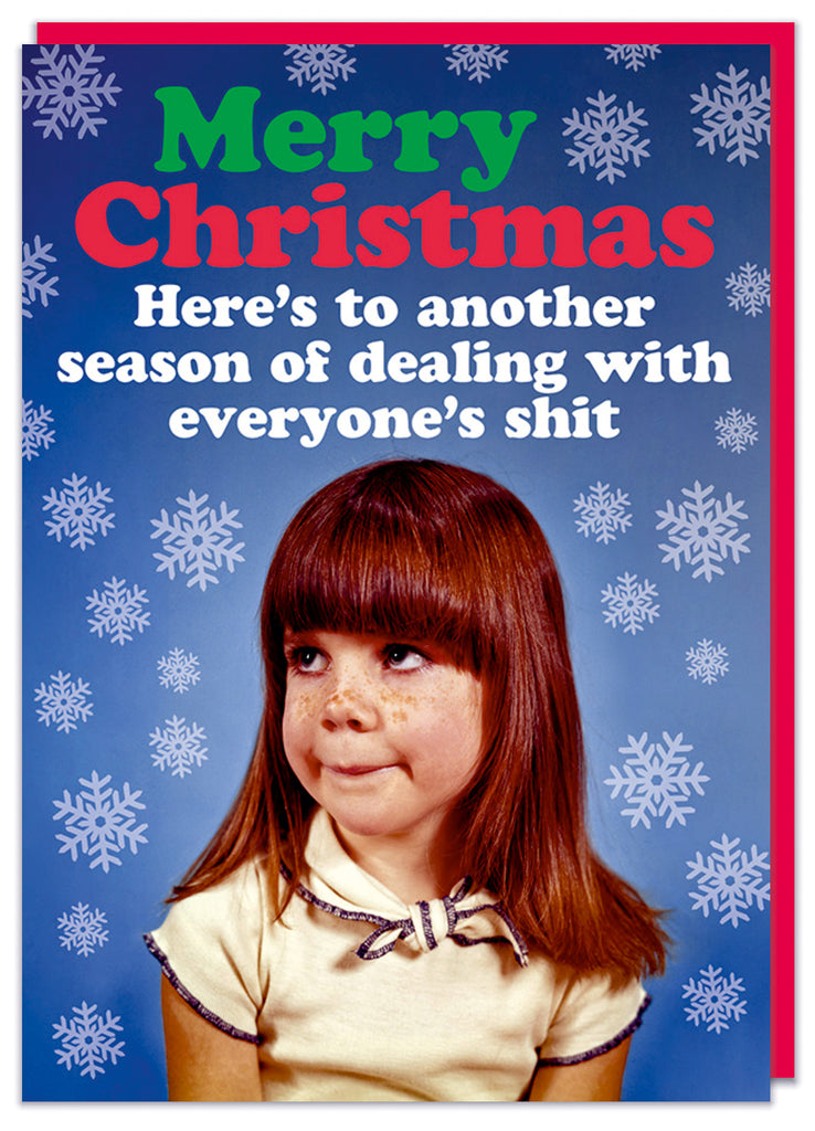 A funny Christmas card with a 1970s image of a young girl rolling her eyes and looking very nonchalant surrounded by snowflakes