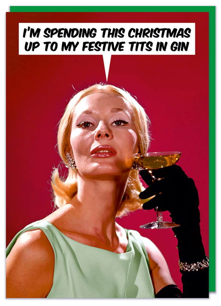 A funny Christmas card with a vintage photo of a glamorous looking woman against a red background holding a cocktail glass to her mouth