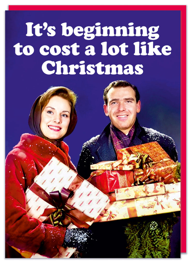 A funny Christmas card featuring the 1960s photo of a smiling couple holding a big bunch of wrapped Christmas presents