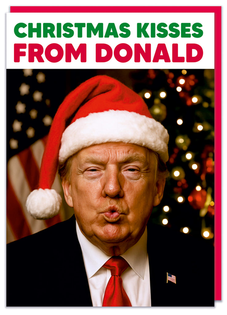 A funny Christmas card featuring a picture of Donald Trump wearing a Santa hat and kissing to the viewer