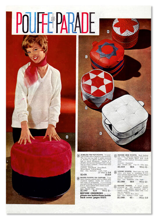 A funny postcard featuring a vintage catalogue page titled Pouffe Parade and featuring a picture of a smiling woman posing with footstalls and a selection of different types