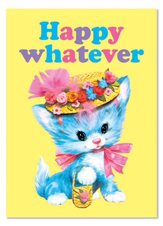 A retro postcard with a kitsch illustration of of a blue kitten with a bonnet and little handbag against a yellow background