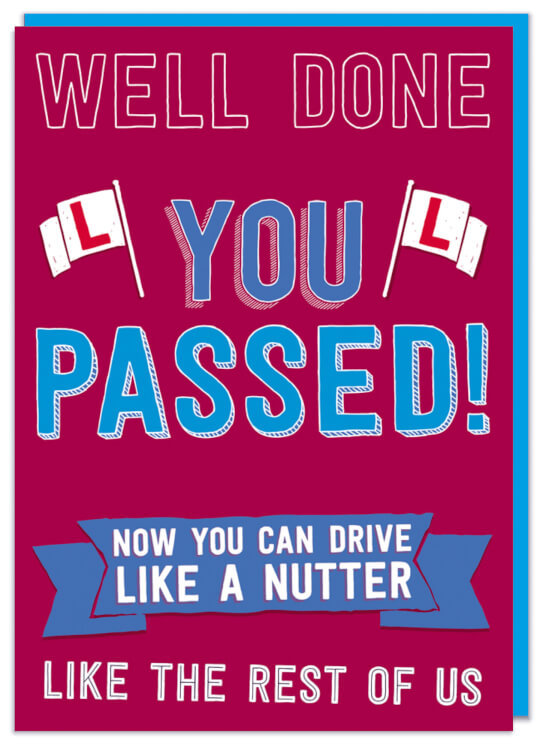 A deep pink congratulations card with the words Well done you passed