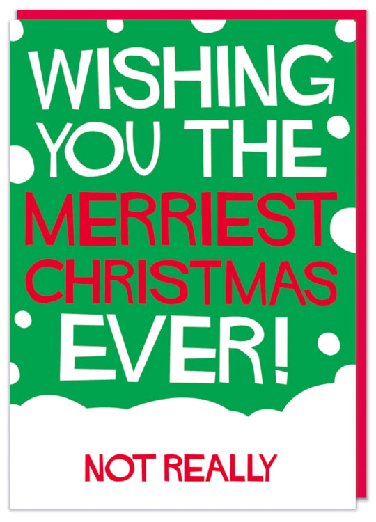 A text based Christmas card with a green background and snow