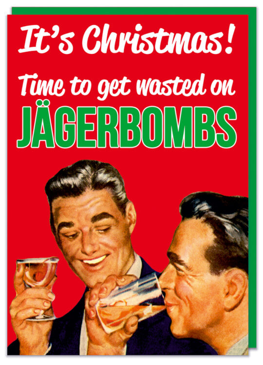 A Christmas card with a vintage illustration of two men drinking alcohol