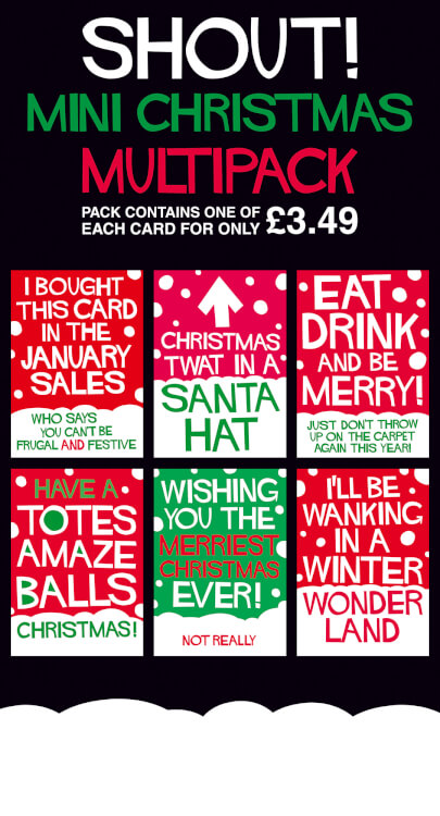 A multipack for 6 Christmas cards in the shout! range.