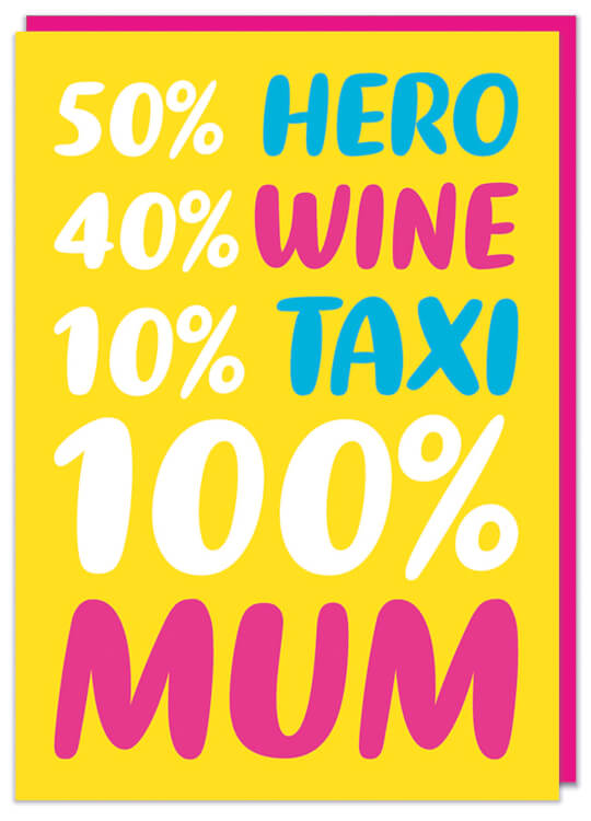 A bright yellow Mother's Day card with rounded white, pink and blue text in the middle that reads 50% hero, 40% wine, 10% taxi, 100% Mum