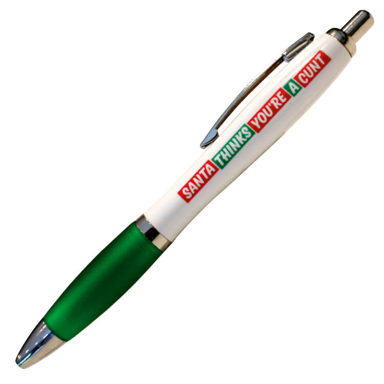 A white ballpoint pen with a green grip and black ink