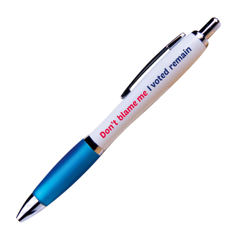 A white ballpoint pen with a dark blue grip and black ink