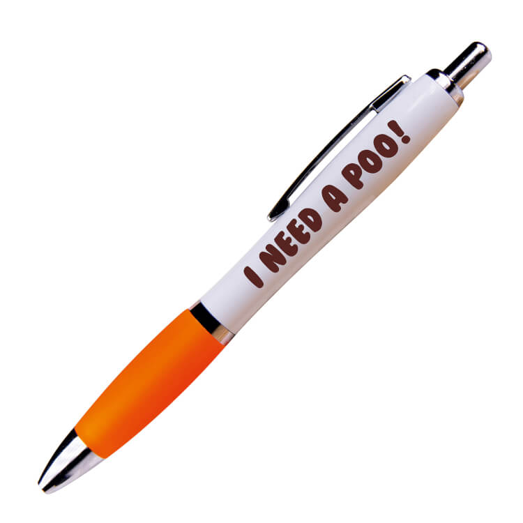 A white ballpoint pen with an orange grip and black ink.  Brown text on one side reads I need a poo!