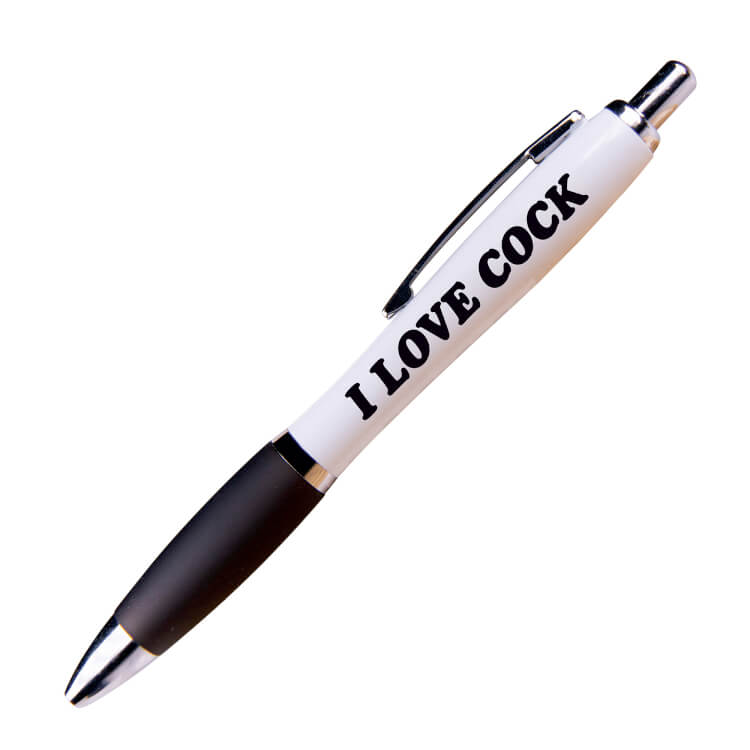 A white ballpoint pen with a black grip and black ink.  Black text on one side reads I love cock