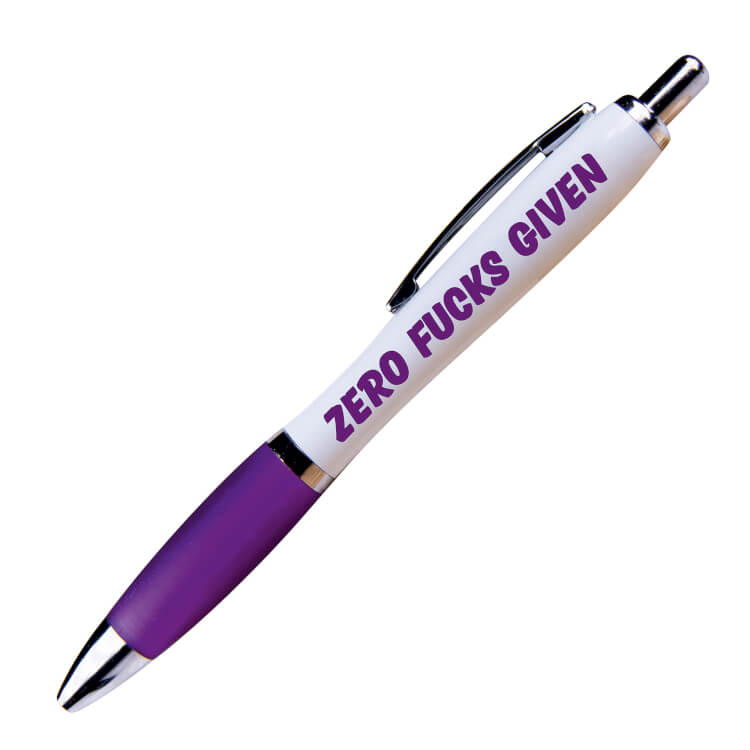 A white ballpoint pen with a purple grip and black ink.  Purple text on one side reads Zero fucks given