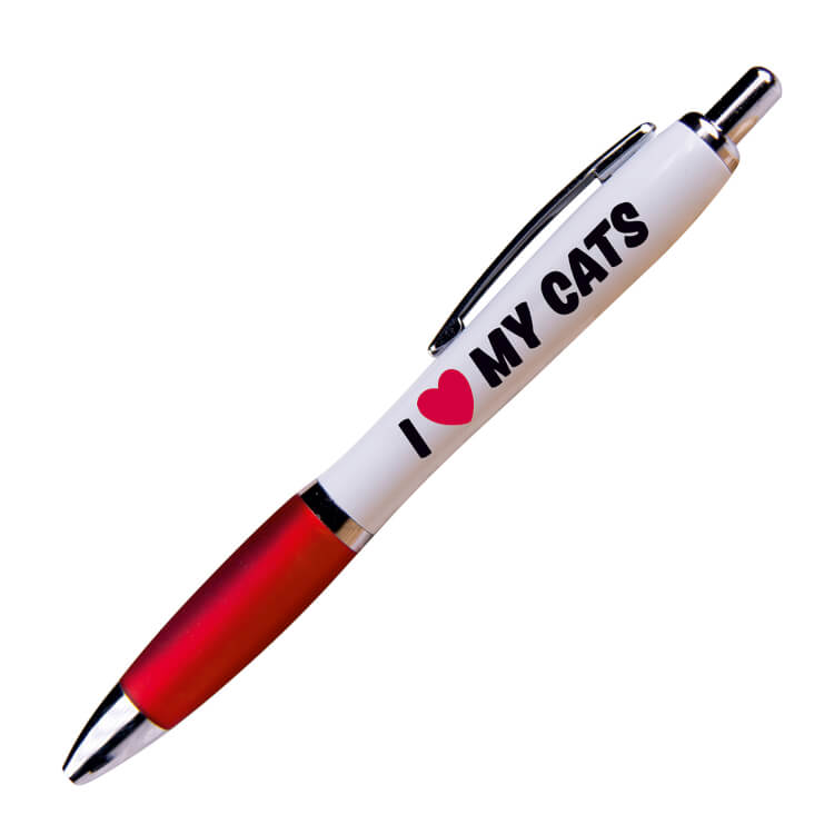 A white ballpoint pen with a red grip and black ink. Text on the side reads I love my cats