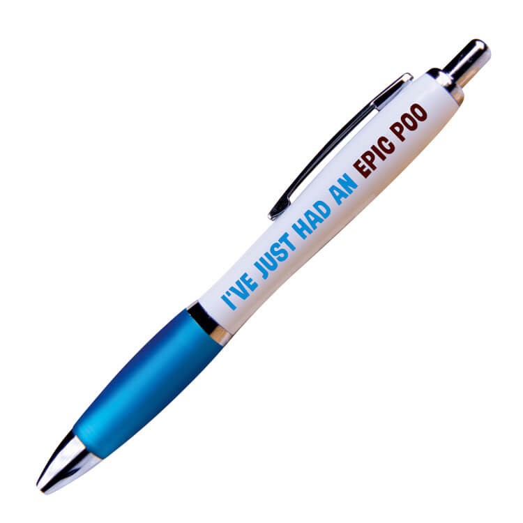A white ballpoint pen with a blue grip and black ink. Text on one side reads I've just had an epic poo