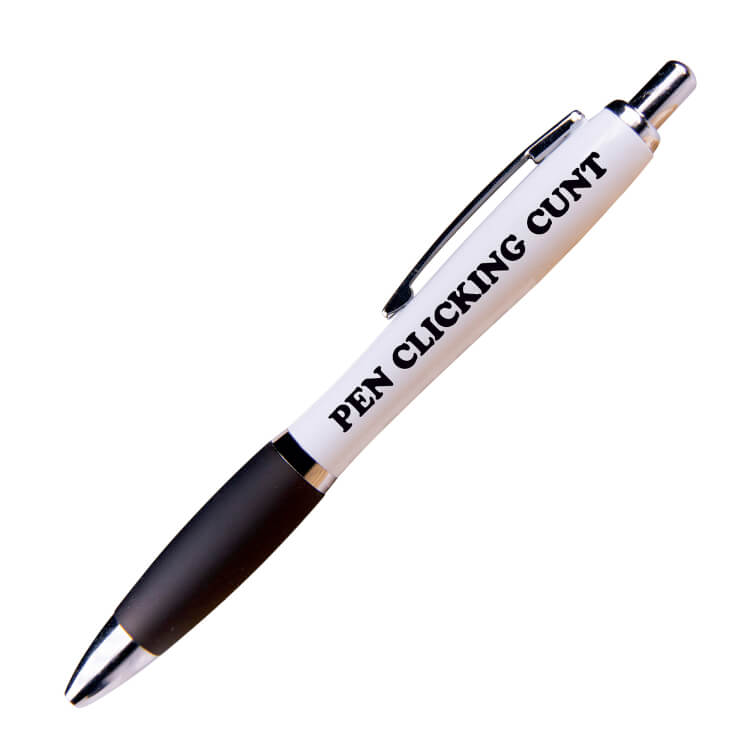 A white ballpoint pen with a black grip and black ink. Black curvy text on one side reads Pen clicking cunt