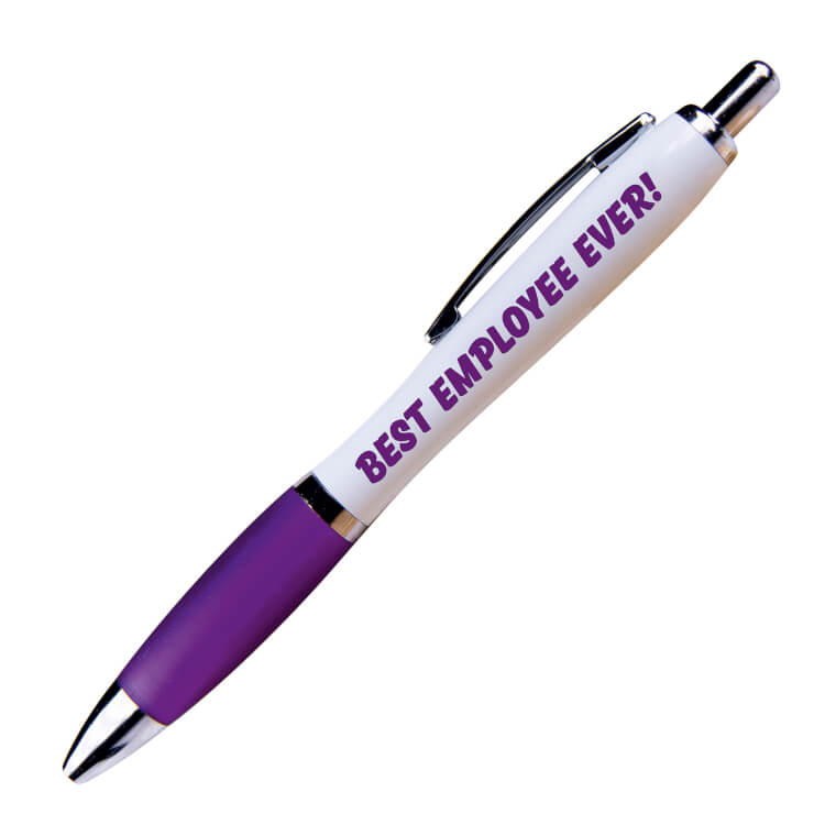 A white ballpoint pen with a purple grip and black ink. Bold purple text one side Best employee ever!