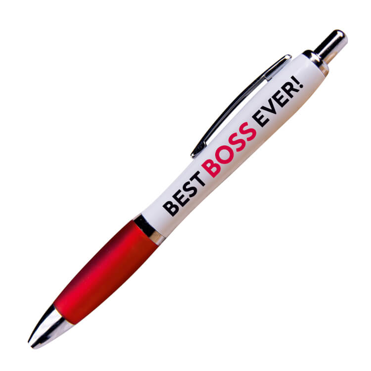 A white ballpoint pen with a red grip and black ink. Black ands red text reads Best boss ever