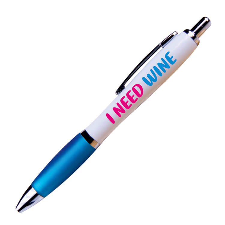 A white ballpoint pen with a blue grip and black ink. Blue and pink text reads I need wine