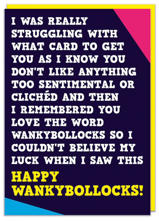 A funny and rude text based birthday card featuring the word wankybollocks