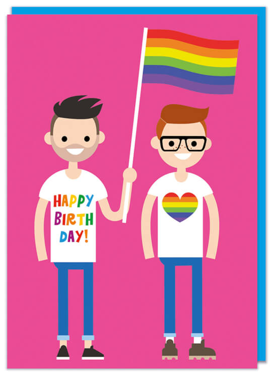 A bright pink gay birthday card featuring a cute illustration of two guys with rainbow apparel and waving a classic pride flag