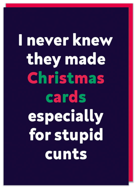 A bold black Christmas card featuring simple white, red and green text in the middle that reads I never knew they made Christmas cards especially for stupid cunts