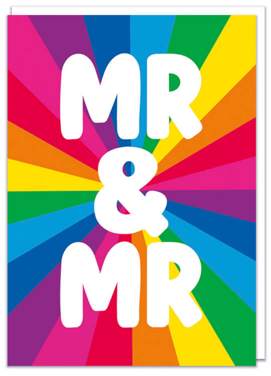 A greeting card, perfect for weddings featuring a rainbow stardust and in front bold white text that reads Mr & Mr