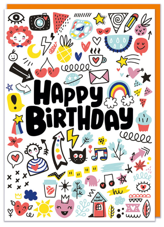 A birthday card featuring bold black text in the middle that reads Happy Birthday and surrounded by loads of colourful doodle patterns